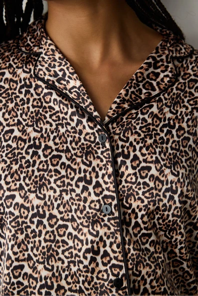 Penti Leopard Saten Açık Bej Gömlek Pantolon Pijama Takımı - 4