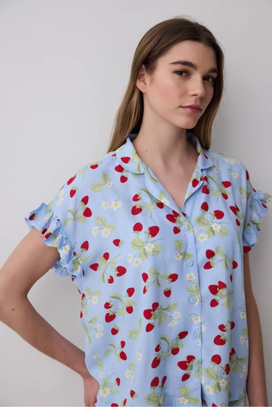 Penti Strawberries Gömlek Şort Açık Mavi Pijama Takımı - 3