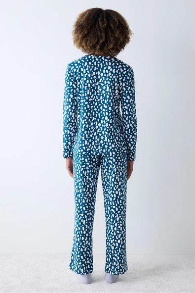 Penti Pamuklu Blue Leopard Petrol Yeşili Pantolon Pijama Takımı - 5