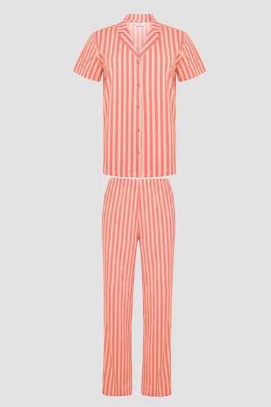 Penti Base Rosy Stripes Gül Rengi Gömlek Pantolon Pijama Takımı - 6