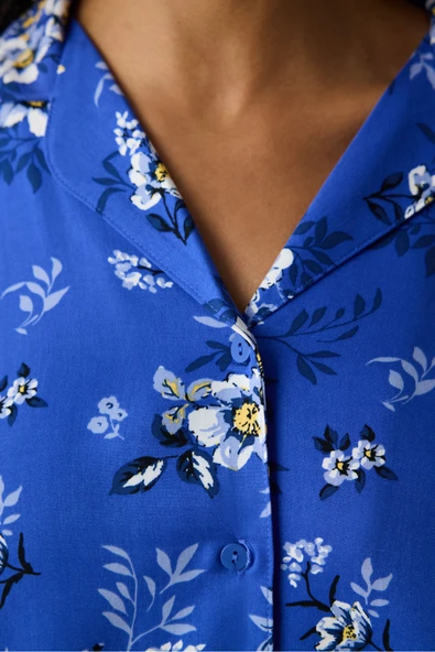 Penti Çiçek Baskılı Saks Mavisi Gömlek Pantolon Pijama Takımı - 3
