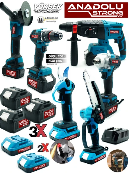 Anadolu Strong Kömürsüz 6'lı Set 5 Akülü Somun Sökme-Taşlama-Darbeli Vidalama-Dal Budama & Kademeli