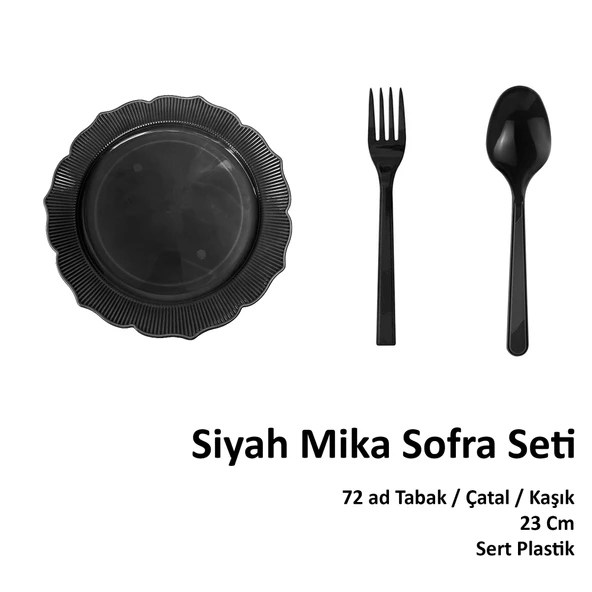Omeyva 23 Cm. Siyah Sorfa Piknik Seti - Sert Mika Plastik - 72 Kişilik Tabak Çatal Kaşık Takımı - 2