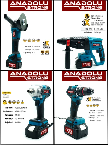Anadolu Strong Kömürsüz 6'lı Set 5 Akülü Somun Sökme-Taşlama-Darbeli Vidalama-Dal Budama & Kademeli - 2