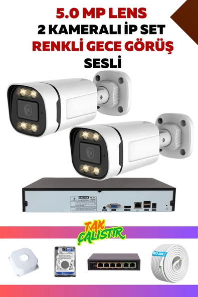 2 Kameralı Set - 5MP Sony Lensli 4.0 MP İp Gece Görüşlü Güvenlik Kamerası Sistemi - PBONMIR527 - 1