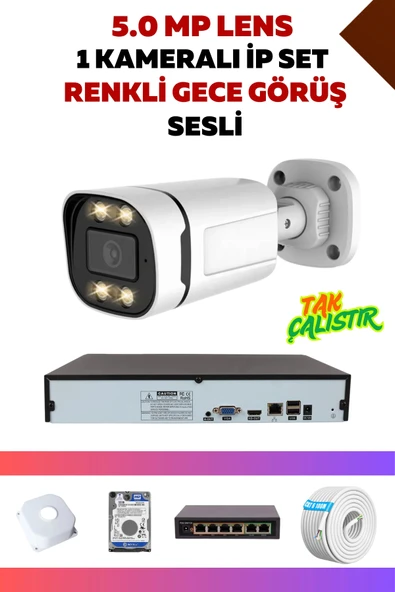 1 Kameralı Set - 5MP Sony Lensli 4.0 MP İp Gece Görüşlü Güvenlik Kamerası Sistemi - PBONMIR527 - 1