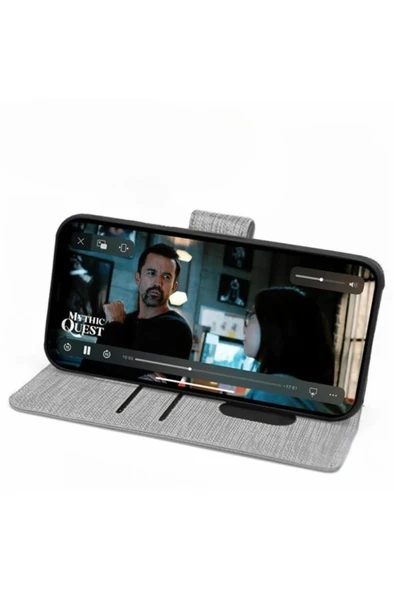Apple iPhone 7 - iPhone 8 Uyumlu Kart ve Para Bölmeli Standlı Cüzdanlı Kılıf - Gri - 4