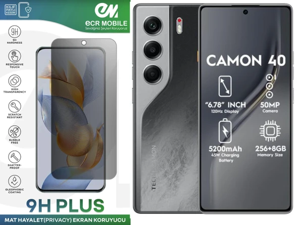 Tecno Camon 40 ile Uyumlu HAYALET(Privacy) Esnek Nano Kırılmayan Ekran Koruyucu