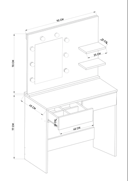 Tokyo Kulis Işıklı Aynalı Tabureli Çekmeceli Makyaj Masası - 10