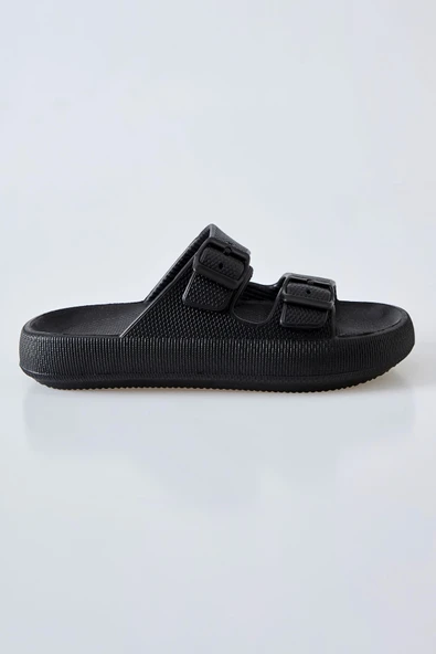 Tommy Life Siyah Yüksek Tabanlı Çift Tokalı Erkek Terlik -89302 - 2