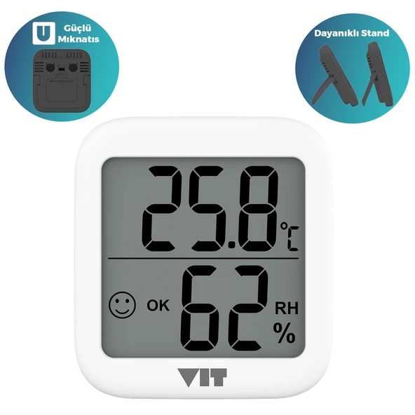 VIT 3'lü İç Mekan Dijital Isı ve Nem Ölçer Beyaz Termometre WVT17-02 - 2