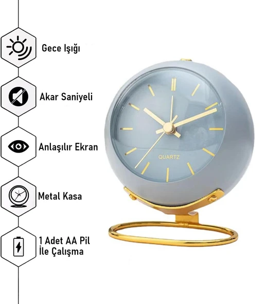 Valkyrie Akar Saniyeli Işıklı Metal Gold Dijital Masa Saati Alarmlı Mavi - 4