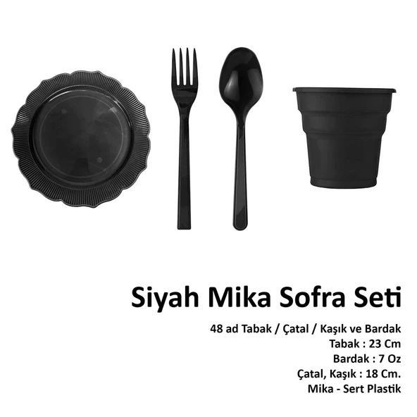 Omeyva 23 cm. Mika Siyah Şık Parti Piknik Seti - 48 Kişilik Tabak Bardak Çatal Kaşık Takımı - 2