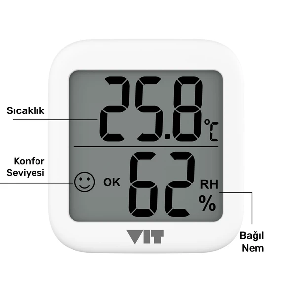VIT 3'lü İç Mekan Dijital Isı ve Nem Ölçer Beyaz Termometre WVT17-02 - 6