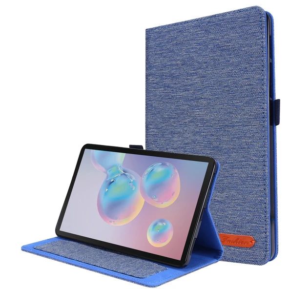 Samsung Galaxy Tab A 8.4 2020 Yatay Flip TPU Kumaş PU Deri Koruyucu Kılıf İsim Kartı Klipsli Koyu Mavi