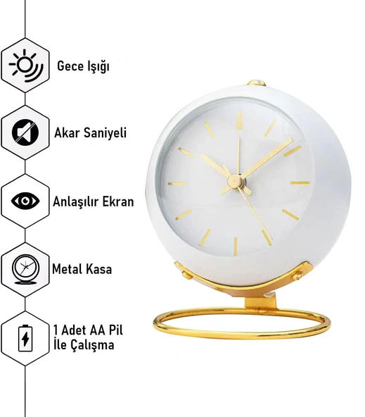 Valkyrie Akar Saniyeli Işıklı Metal Gold Dijital Masa Saati Alarmlı Beyaz - 7