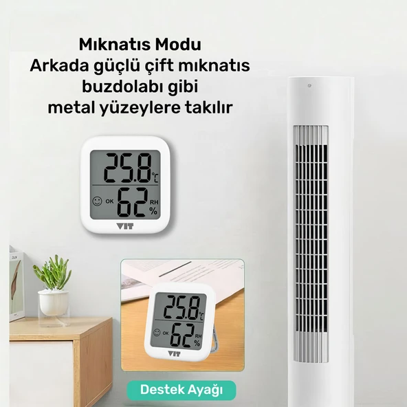 VIT 2'li İç Mekan Dijital Isı ve Nem Ölçer Beyaz Termometre WVT17-01 - 7