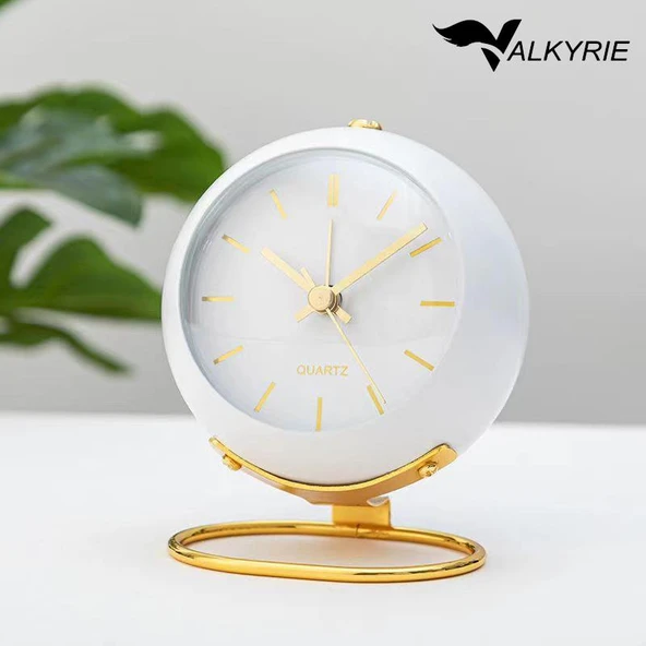 Valkyrie Akar Saniyeli Işıklı Metal Gold Dijital Masa Saati Alarmlı Beyaz