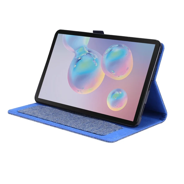 Samsung Galaxy Tab A 8.4 2020 Yatay Flip TPU Kumaş PU Deri Koruyucu Kılıf İsim Kartı Klipsli Koyu Mavi - 4