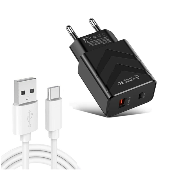 LZ-715 Siyah 20W PD QC 3.0 Çift Port Hızlı Seyahat Şarj Cihazı USB Type-C Veri Kablosu ile EU Fiş