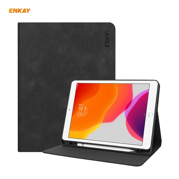 iPad 10.2 2019 2020 2021 Uyumlu ENKAY ENK 8023 İnek Desenli PU Deri TPU Akıllı Kılıf Kalem Bölmeli Siyah