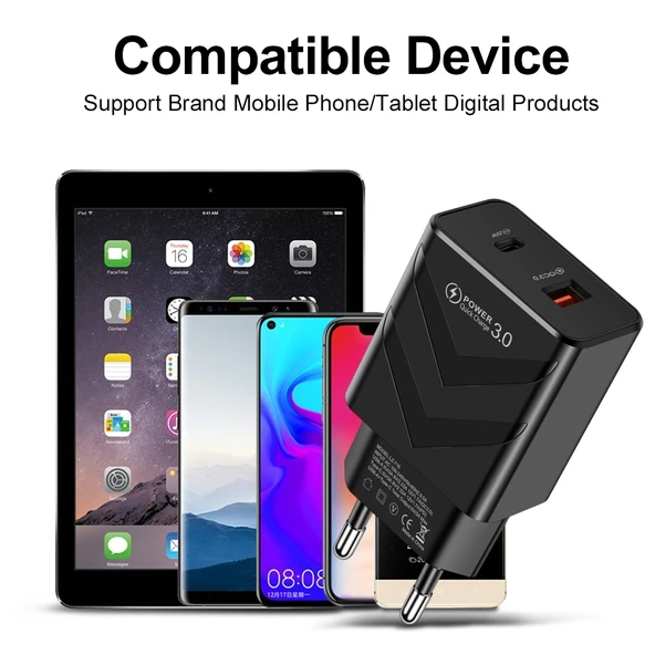 LZ-715 Siyah 20W PD QC 3.0 Çift Port Hızlı Seyahat Şarj Cihazı USB Type-C Veri Kablosu ile EU Fiş - 3