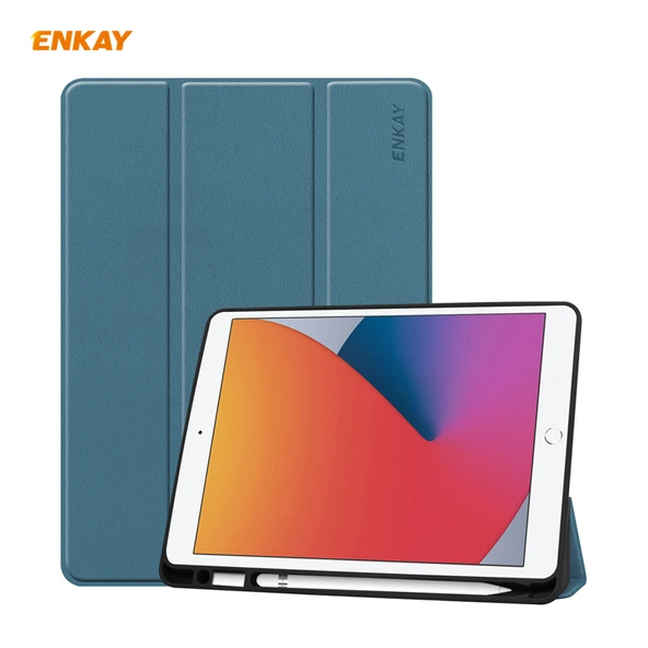 iPad 10.2 2019 2020 2021 Uyumlu ENKAY ENK 8016 PU Deri TPU Akıllı Kılıf Kalem Bölmeli Siyah Yeşil