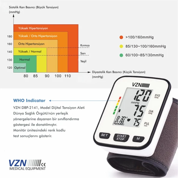 VZN Türkçe Konuşan Dijital Bilek Tipi Tansiyon Aleti DBP-2141 - Otomatik Ölçüm LCD Ekranlı - 5