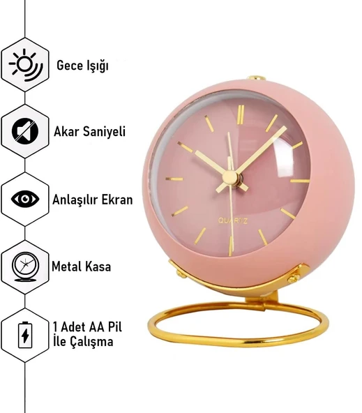 Valkyrie Akar Saniyeli Işıklı Metal Gold Dijital Masa Saati Alarmlı Pembe - 6