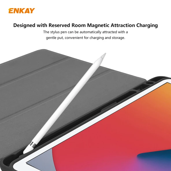 iPad 10.2 2019 2020 2021 Uyumlu ENKAY ENK 8016 PU Deri TPU Akıllı Kılıf Kalem Bölmeli Siyah Yeşil - 6