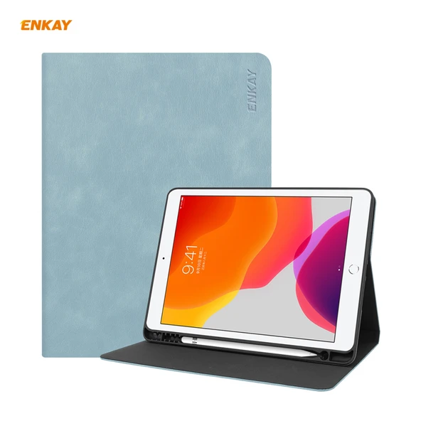 iPad 10.2 2019 2020 2021 Uyumlu ENKAY ENK 8023 İnek Dokulu PU Deri TPU Akıllı Kılıf Kalem Bölmeli Gökyüzü Mavisi