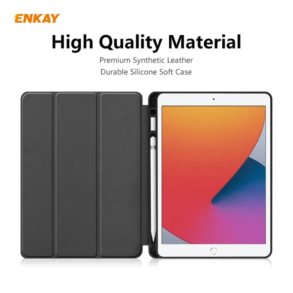 iPad 10.2 2019 2020 2021 Uyumlu ENKAY ENK 8016 PU Deri TPU Akıllı Kılıf Kalem Bölmeli Siyah Yeşil - 7