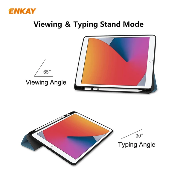 iPad 10.2 2019 2020 2021 Uyumlu ENKAY ENK 8016 PU Deri TPU Akıllı Kılıf Kalem Bölmeli Siyah Yeşil - 3