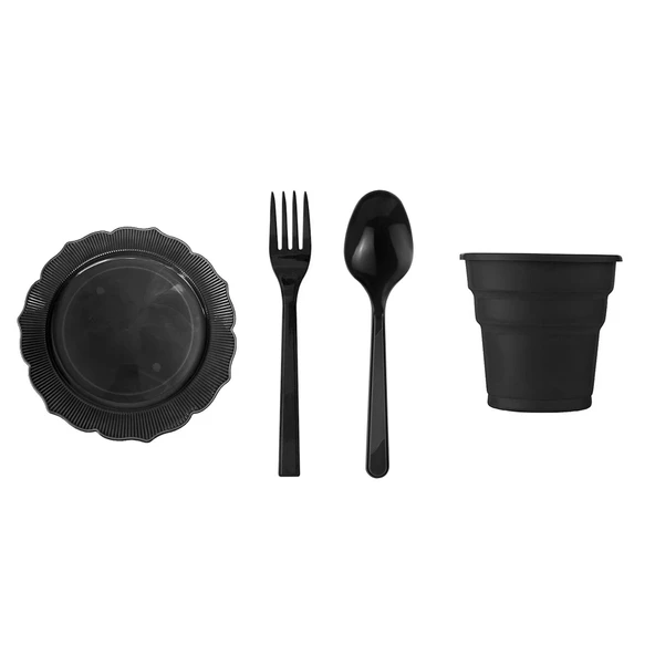 Omeyva 23 cm. Mika Siyah Şık Parti Piknik Seti - 72 Kişilik Tabak Bardak Çatal Kaşık Takımı