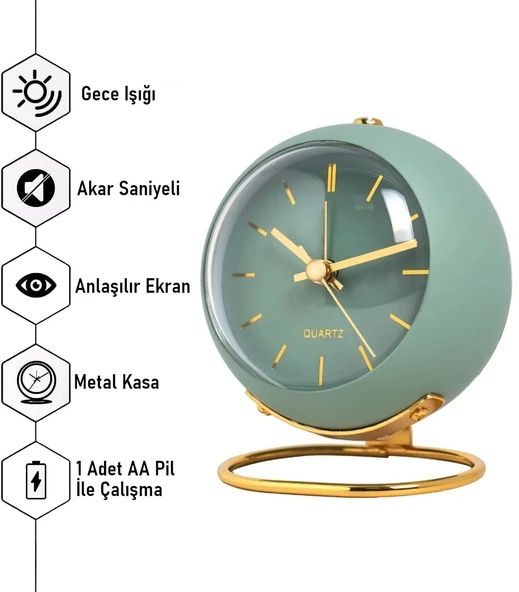 Valkyrie Akar Saniyeli Işıklı Metal Gold Dijital Masa Saati Alarmlı Yeşil - 5