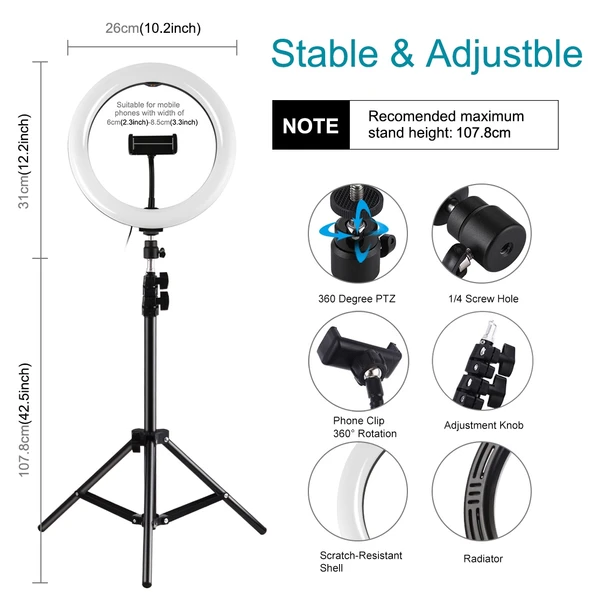 PULUZ 1.1 Metre Tripod Standı ve 26cm RGBW LED Halka Vlogging Video Işığı Canlı Yayın Seti Soğuk Ayaklı Tripod Top Başlığı ve Telefon Tutucu - 3