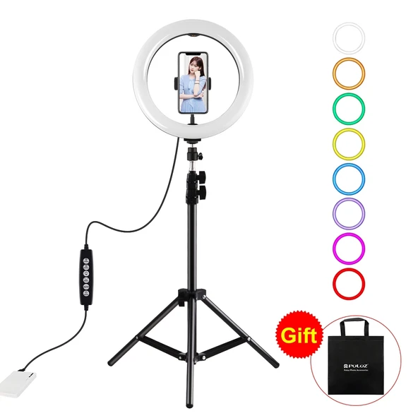 PULUZ 1.1 Metre Tripod Standı ve 26cm RGBW LED Halka Vlogging Video Işığı Canlı Yayın Seti Soğuk Ayaklı Tripod Top Başlığı ve Telefon Tutucu