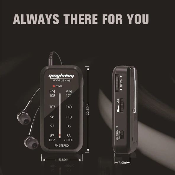SH 05 Mini Dinleme Testi Özel Pim Tipi FM AM İki Bantlı Radyo Siyah Klipsli - 3