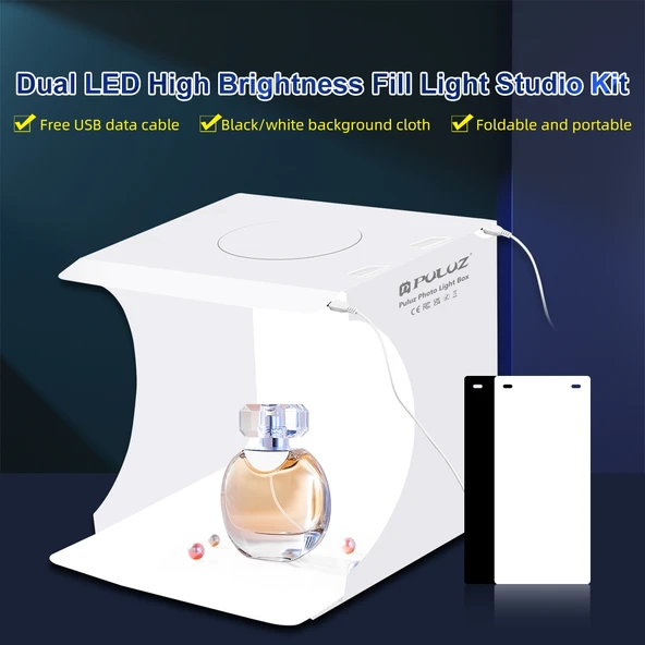 PULUZ 20cm Katlanabilir Taşınabilir Fotoğraf Stüdyosu Işıklı Çekim Çadırı 2 LED Panel 1100LM 2 Renk Fon (Siyah Beyaz) - 2