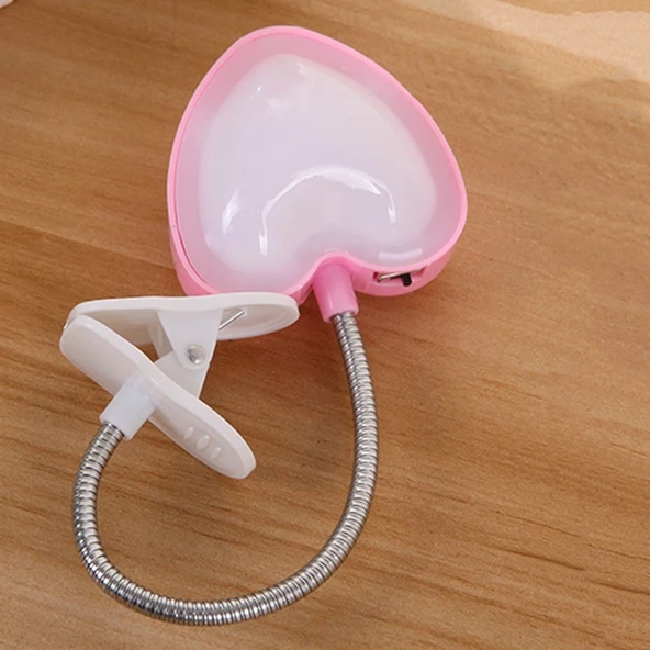 Mini Kalp Klipsli LED Kitap Lambası Pembe
