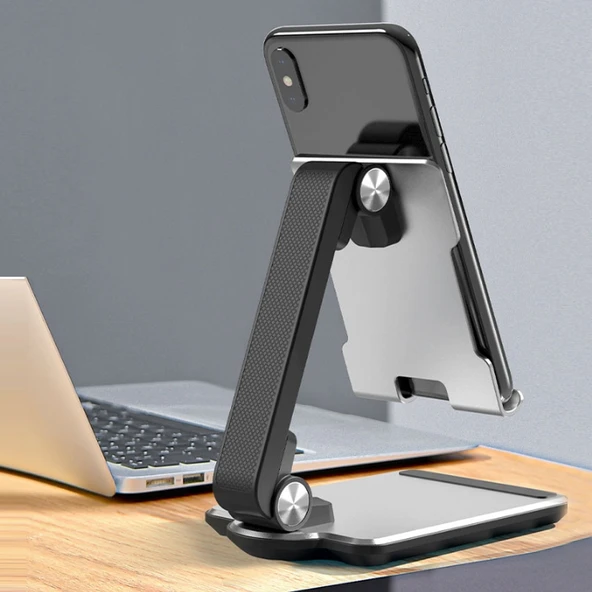 Taşınabilir Telefon Tablet Masaüstü Standı Gümüş Döner Yuvarlak Model - 6