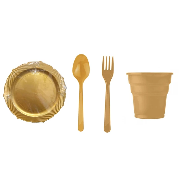 Omeyva Dayanıklı Mika Plastik Altın Sorfa Piknik Seti - 72 Kişilik Tabak Bardak Çatal Kaşık Takımı