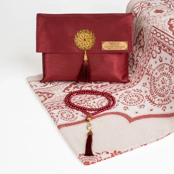 Seccade + Tesbih Hediye Seti (Şantuk Kese, Bordo)