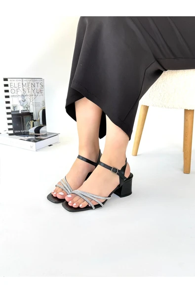 Anita Siyah Garantili Özel ve Günlük Kadın Ortopedik Tarz ve Şık Topuklu Taşlı Sandalet ANITA-7897 - 3