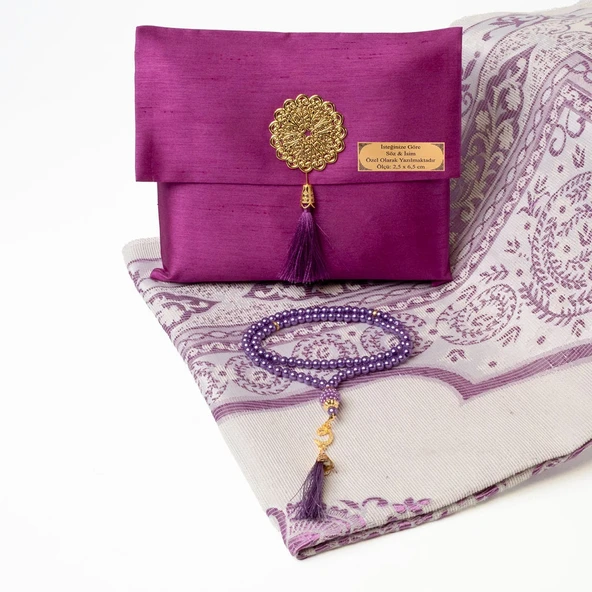Seccade + Tesbih Hediye Seti (Şantuk Kese, Mor)
