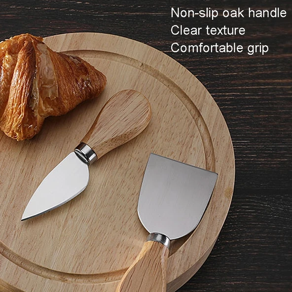 4 Parça Siyah Yuvarlak Meşe Kutulu Paslanmaz Çelik Peynir Bıçağı ve Spatula Seti - 4