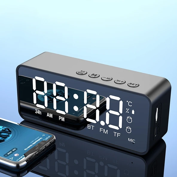 ZXL G50 Mini Ayna Alarm Bluetooth Hoparlör Siyah TF Kart Destekli