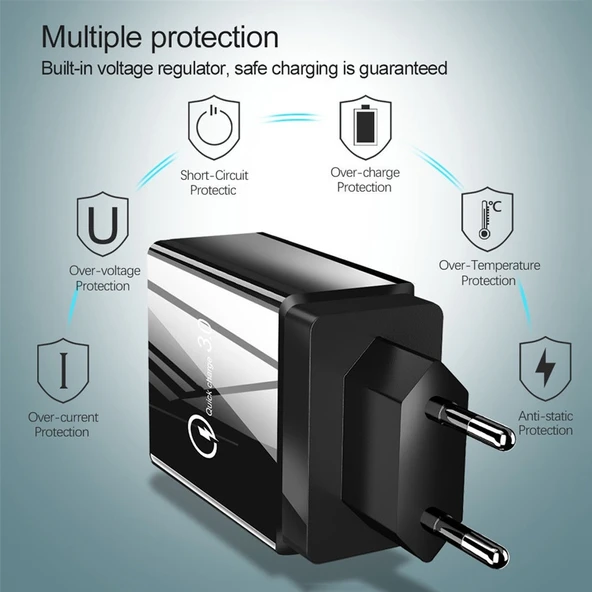 30W Hızlı Şarj Cihazı QC 3.0 USB ve 3 USB 2.0 Portlu Beyaz EU Fiş - 6