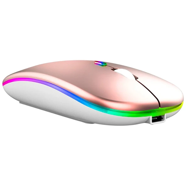3 Tuşlu RGB Işıklı Sessiz Bluetooth Kablosuz Çift Modlu Mouse Rose Gold - 2