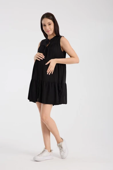 IŞŞIL 1646-Yıkamalı Pamuk Hakim Yaka Hamile Mini Jile Tunik-Elbise